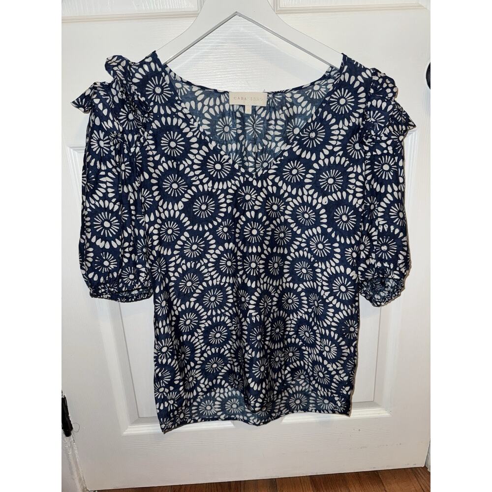 Caballero Women’s Viscose Silk Floral Print Blouse Blue Size XS Balloon Sleeve